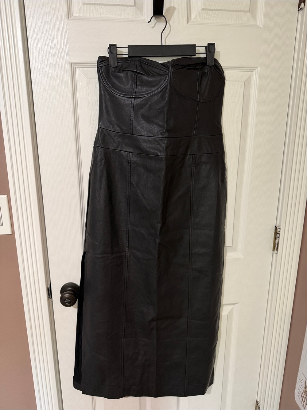 Strapless Black Leather Midi Dress